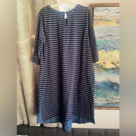 J.Jill Dress Mixed Media Shirttail  Striped Womens Size 1X  Blue Denim Pockets - Picture 6 of 15